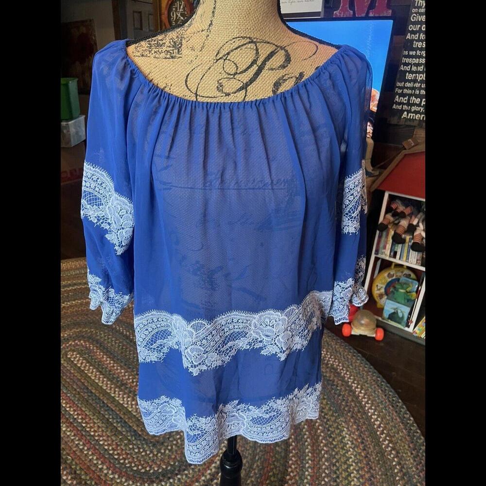 INC International Concepts Womens Top Size 6 Blue White Lace Sheer‎ Blouse NEW
